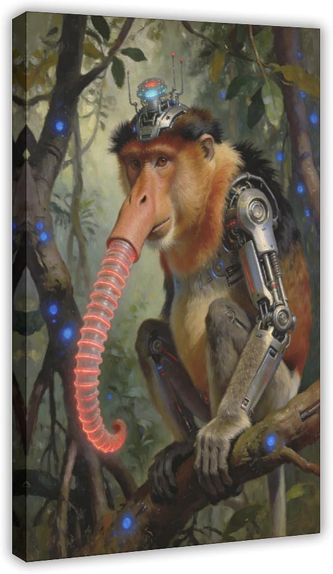 Framed Steampunk Mechanical Proboscis Monkey Wall Art - Jungle Neon Retro Poster for Apartment Leisure Area Decor 16x24inch(40x60cm)