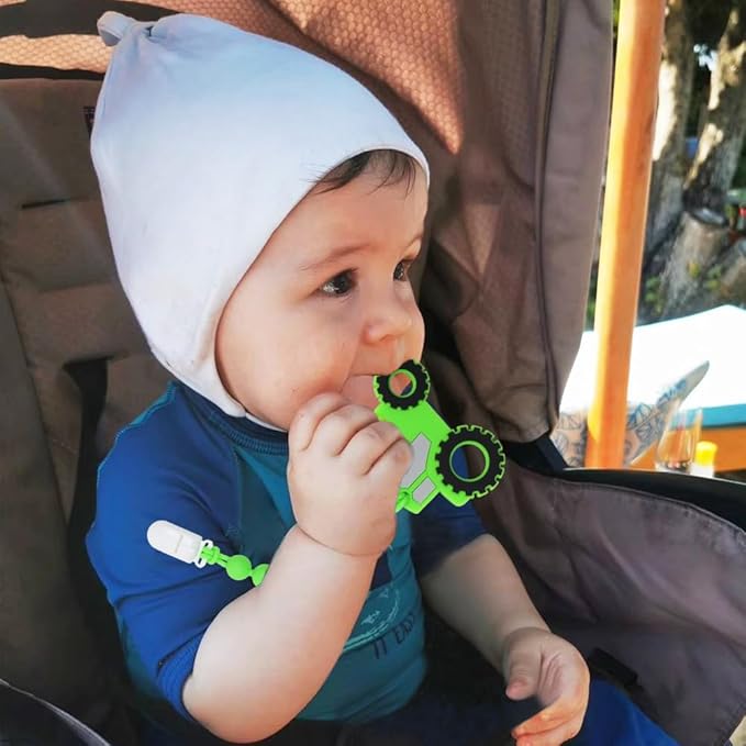 Baby Tractor Teething Toys,Food Grade Silicone Teether with One-Piece Pacifier Clip Holder,Highly Effective Pain Relief for 3 Months+ Boy and Girl,BPA Free,Freezer Safe. (Green)
