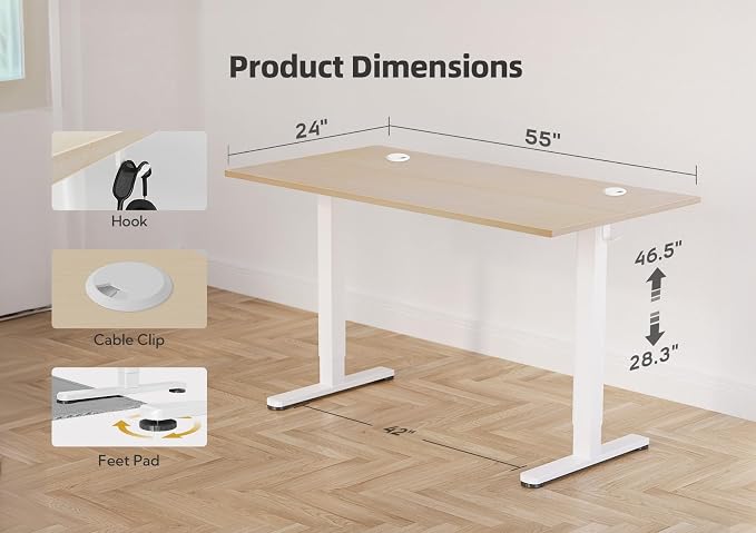 YDN 55 x 24 Inch Nature Electric Standing Desk | Adjustable Height, Sit Stand, Cable Management, Ergonomic, Home Office