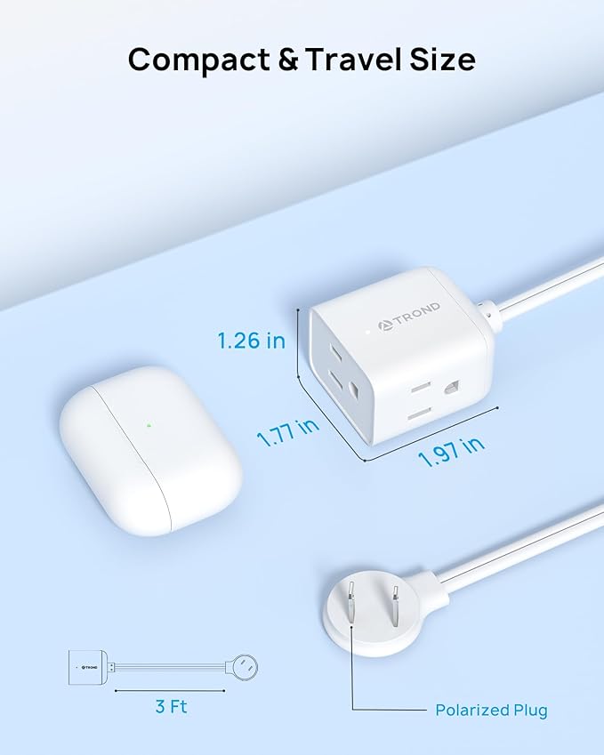 TROND Indoor 2 Prong to 3 Prong Extension Cord - Polarized Flat Plug Three Outlet Extension 3ft, 16 Gauge Cable, 1625W for Non-Ground Socket in Old House School Home Office Kitchen Travel, White