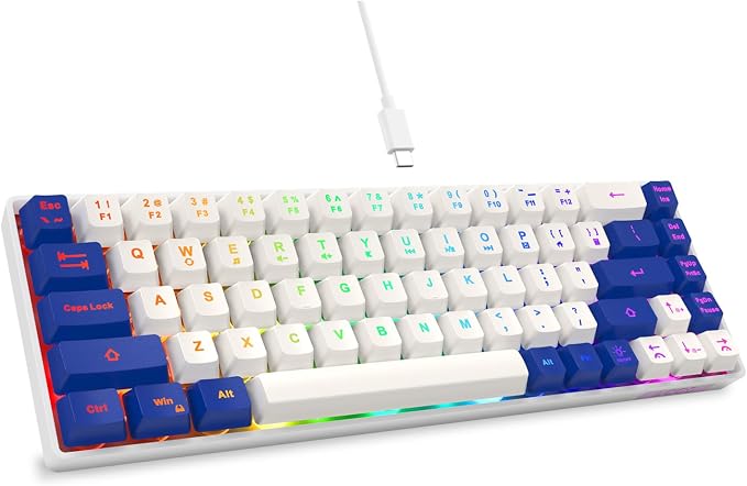 GEODMAER 65% Gaming Keyboard, LED Backlit Mini Wired Keyboard, Ultra-Compact Anti-Ghosting No-Conflict 68 Keys Membrane Gaming Wired Keyboard for PC Laptop Windows Gamer(White-Blue)