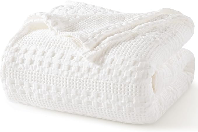 PHF 100% Cotton Waffle Weave Blanket King Size, Lightweight Breathable Summer Blanket for Hot Sleepers, Pre-Washed Soft Layer for Bed, Couch, Home Decor Gift, 108"x90", White