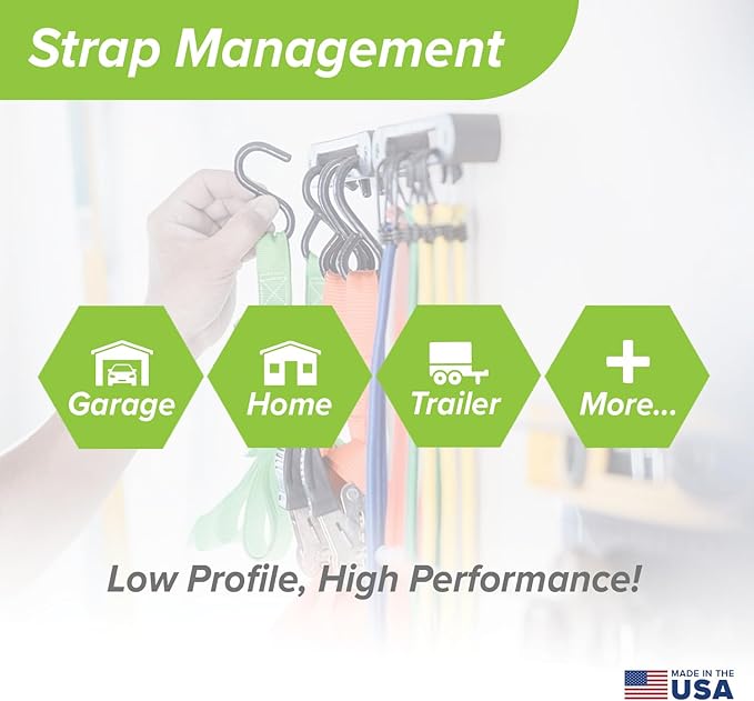 AV1 Hook Rail Strap Organizer (2-Pack) – Low Profile Tie Down, Ratchet & Bungee Cord Storage for Garage, Workshop, Home or Enclosed Trailer – Made in USA – Backed by Our Guarantee!