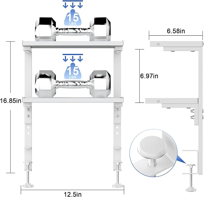 2-Tier Desk Shelf | Desk Organization Expandable Clamp on Desk Shelf Desktop Accessories for Offices and Game Rooms (White)