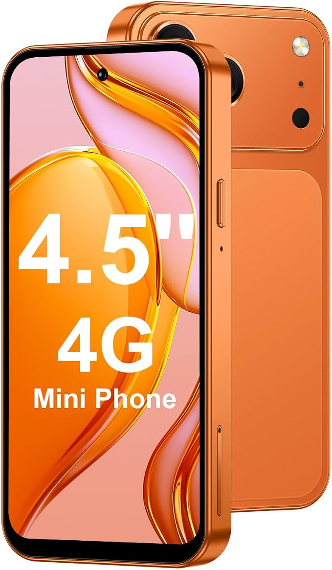 4.5'' Mini Phone 64GB Unlocked 4G Mobile Smartphone with 2000mAh Battery Compact Backup Mini Phone for Kids & Students Dual SIM Face ID Orange | 4.5'' HD Screen