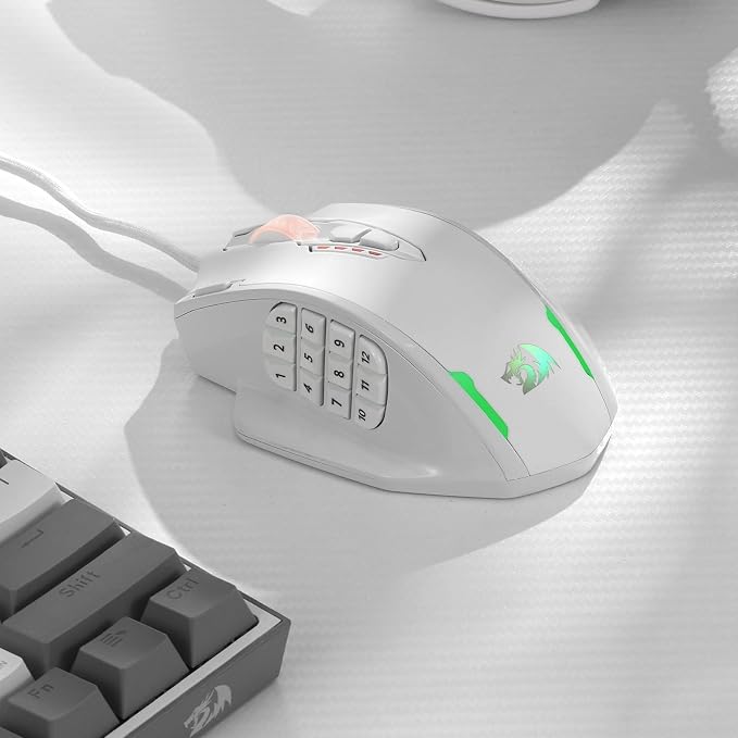 Redragon M908 Impact RGB LED MMO Gaming Mouse with 12 Side Buttons, Optical Wired Ergonomic Mouse with Max 12,400DPI, High Precision, 18 Programmable Macro Shortcuts, Comfort Grip, White | Stable Lag-Free Connection, Redefine Keybinding Macro, Vibing B...