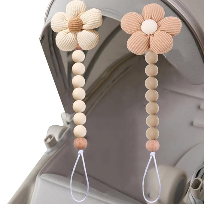 2pcs Flower Pacifier Clip, Silicone Bead Pacifier Clip for Baby Girls and Boys with Beige Brown Color Daisy Birthday Christmas Gift