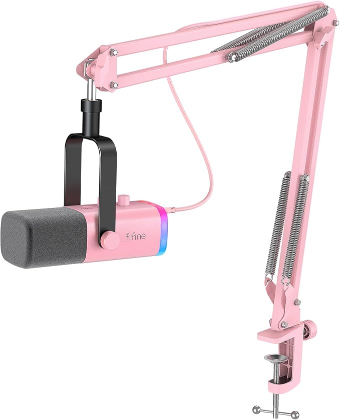 FIFINE AmpliGame AM8TP XLR Gaming Microphone USB PC Dynamic Mic Kit | Streaming RGB Mic with Headphone Jack, Mute Button, Boom Arm Stand for Computer/Mixer, for Vocal, Recording, Podcast, Pink