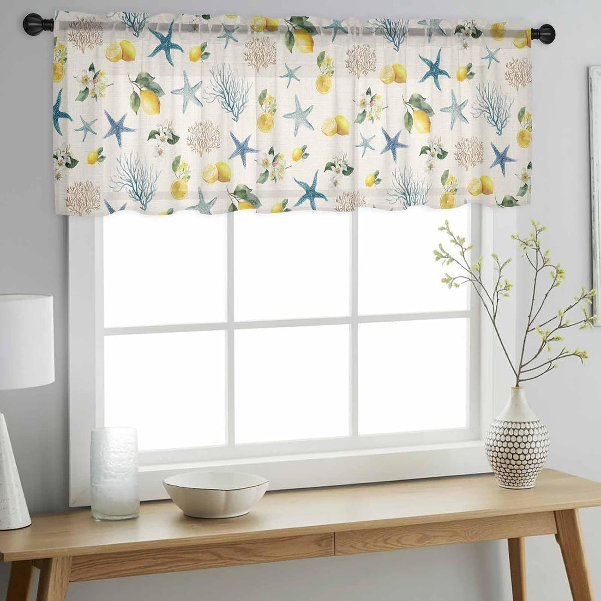 Summer Ocean Starfish Sheer Curtains Valances for Windows Lemons Coastal Coral Flowers Beige Chiffon Kitchen Valances for Cafe, Voile Window Treatments Curtains for Living Room Bedroom, 54"x18"