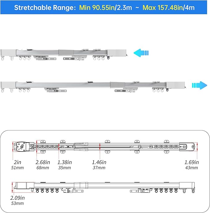Smart Electric Curtain Ceiling Mounted Motorized Motor System Adjustable Track Length Compatible with Alexa Google Siri Apple 90-157in.