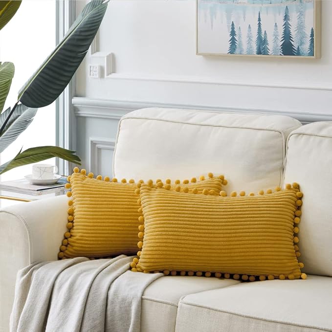 Fancy Homi 2 Pack Mustard Yellow Lumbar Decorative Throw Pillow Covers 12x24 Inch with Pom-poms for Living Room Couch Bedroom, Soft Corduroy Solid Cushion Case 30x60 cm, Rustic Farmhouse Home Decor