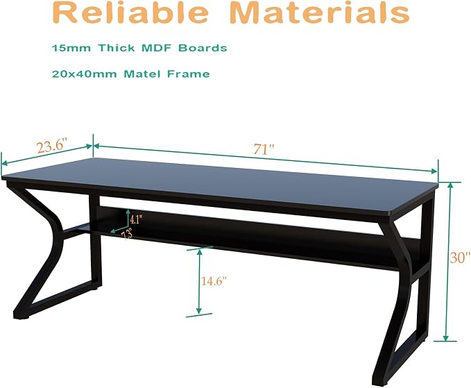 OSCHF 71-Inch Extra Long Desk with Storage Shelf, Black | Double Long Writing Table, Space-saving, 2-Person Workstation, Modern Study Work Computer Desk, For Home Office