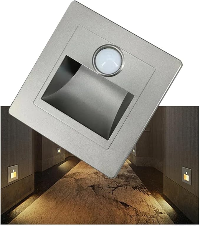 Motion Sensor Stair Lights 3W 3000K Recessed LED Step Light Indoor Stair Step Wall Lamp Staircase Bedroom Decoration 1Pcs Silver