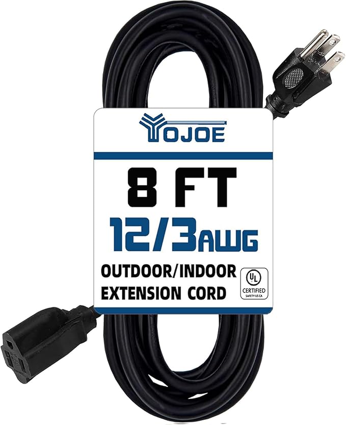 YOJOE Indoor Outdoor Extension Cord, 3 Prong 15A Weatherproof Power Cord, 12 Gauge Heavy Duty 8 ft Black Extension Cord for Garage, Garden and Home, 12/3 SJTW UL Listed