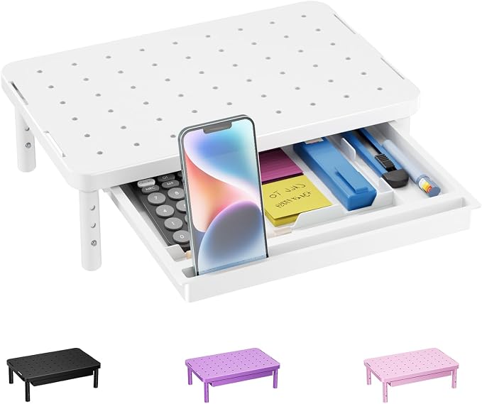 WALI Computer Monitor Stand with Storage, Desk Monitor Riser 3 Height Adjustable, Laptop Riser with Airflow Vents, Desk Organizer for Computer, Laptop, Printer (PTT002-W), 1 Pack, White