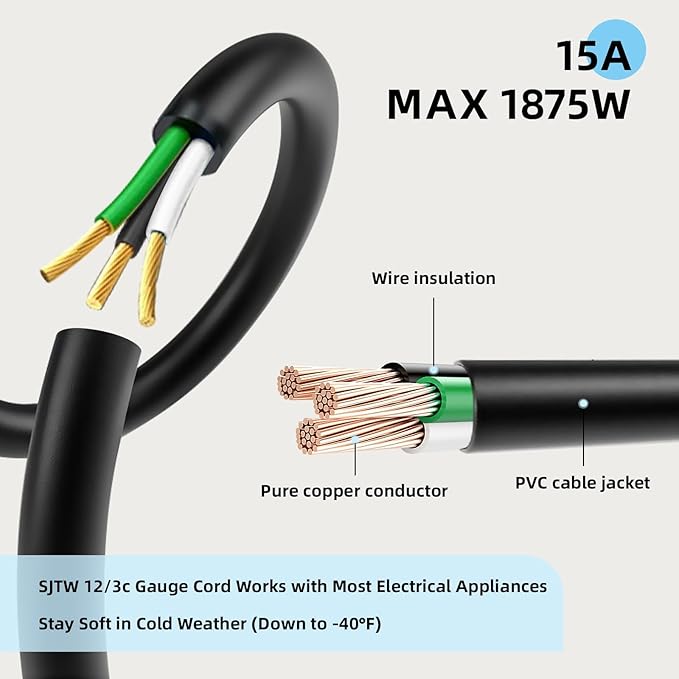 EP 12/3 30 FT Indoor Outdoor Black Extension Cord Waterproof, 12 Gauge 3 Prong Power Cord Flexible Resistant Appliance Extension Cable Electric Cable Outside, 15A 1875W 12AWG SJTW, ETL Listed