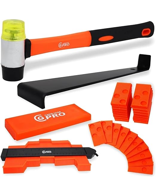 Carib Gear Pro Professional Laminate Flooring Tools Installation Kit with Tapping Block, Rubber Mallet, 44 pcs Pull Bar, and 40 pcs Spacers for Vinyl Plank, LVP, and Hardwood Laminate Floor