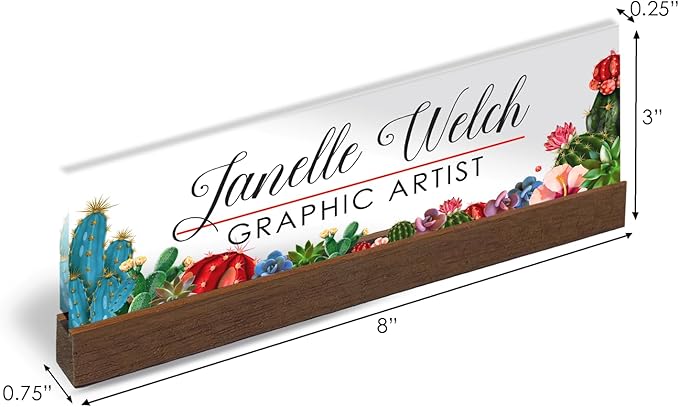 Artblox Personalized Office Desk Name Plate and Business Card Holder | Clear Acrylic Glass with Teak Wood Stand | Cactus Flowers Design Customized with Your Name and Credentials Office Desk Décor