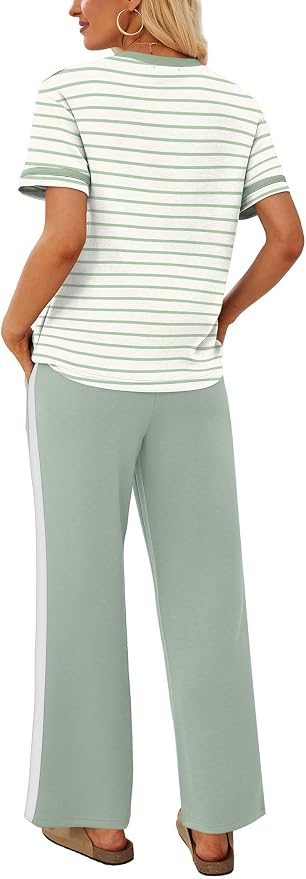 Sampeel 2 Piece Sets for Women Matching Sets Summer Outfits Resort Wear Short Sleeve Lounge Set Wide Leg Pants with Pockets