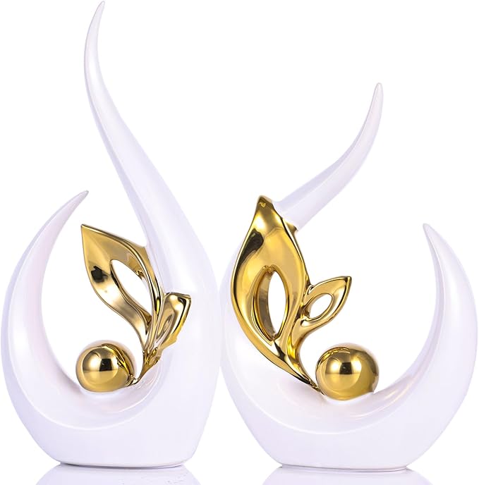 XMGZQ White Gold Ceramic Statues for Home Décor Accents,Abstract Art Mid Century Modern Decor,Elegante Centerpiece Table Decorations,Gold Sculpture for Entryway,Tv Stand,Mantel,Coffee Table