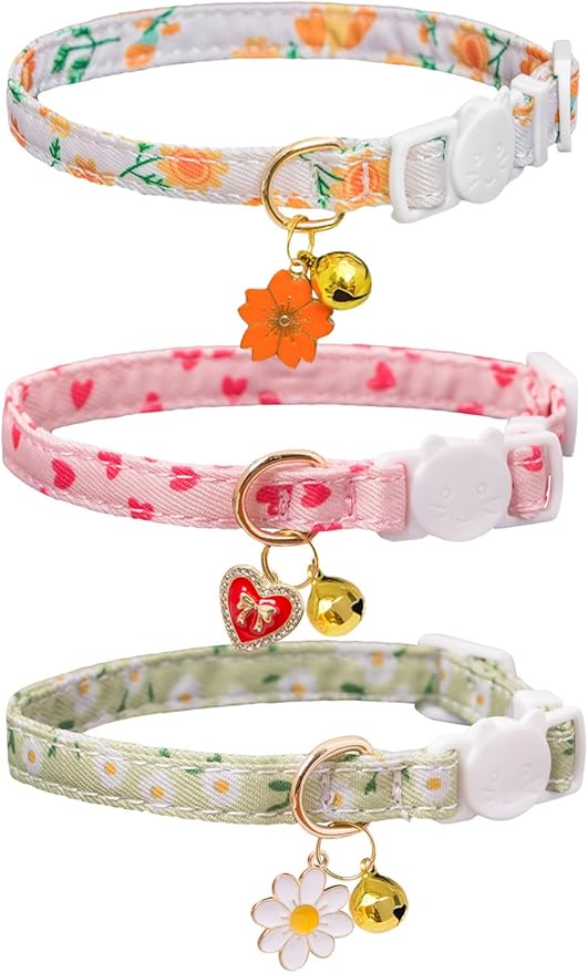 Cat Collar Breakaway with Bells,3 Pack Safety Adjustable Pet Collars,Ideal for Girl Boy Kittens. (Orange Green Pink)