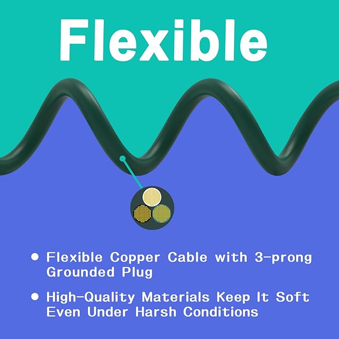 Indoor Outdoor Extension Cord 50 FT, 16/3 SJTW Weatherproof Green Electrical Cords, 13 AMP Heavy Duty 3 Prong Power Cable Great for Garden, Landscaping & Holiday Decorations