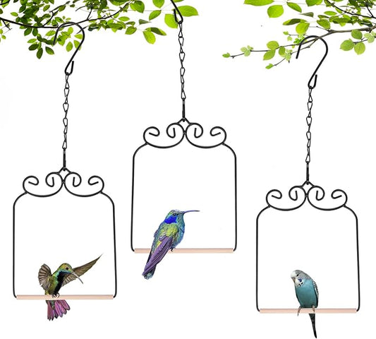 3PK Metal Frame Hummingbird Swings and Perches with Wooden Dowel Black Bird Swing Outdoor Bird Perch Humming Bird Swing (3PK)