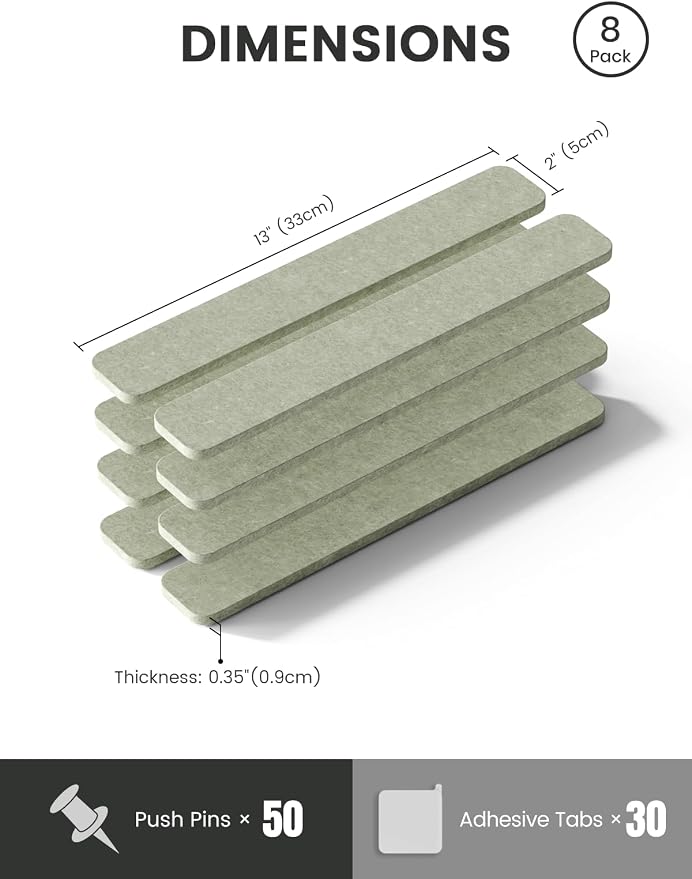 Fluxynara 13" x 2" Felt Wall Panels, Sage | 8-Pack Includes 50 Push Pins and Adhesive Tabs for Photos, Notes and Decor in Bedroom Doors, Home Office or Studios