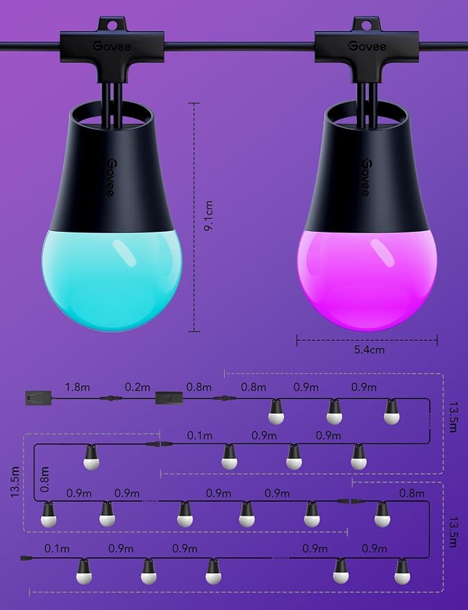 Govee Smart Outdoor String Lights 2, 144ft RGBIC Patio Lights with 45 Bulbs | Dimmable Warm White LED Bulbs, IP65 Waterproof, 47 Scene Modes for Backyard, Balcony, Work with Alexa, App Control