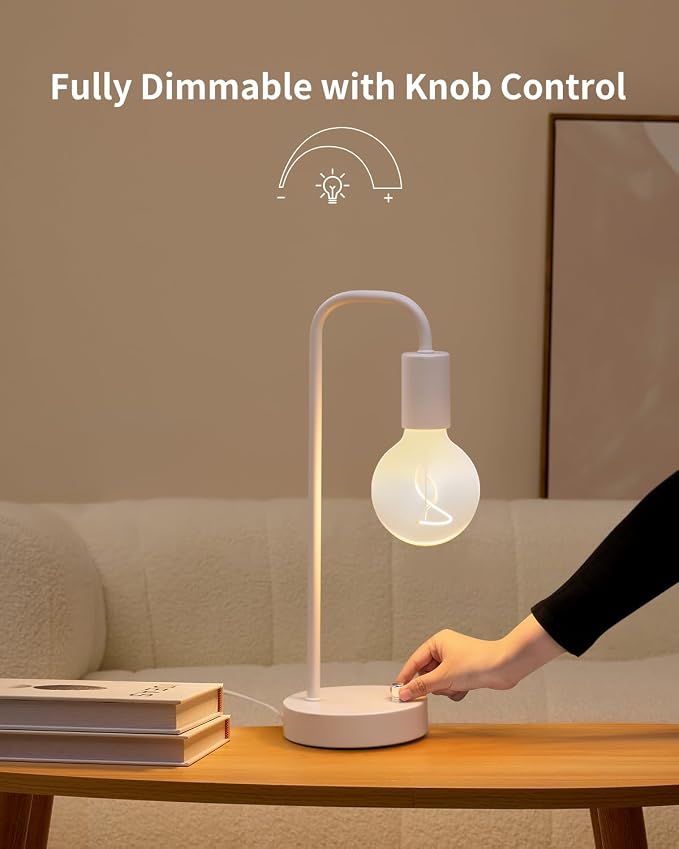 ONEWISH Industrial Small Table Lamp for Bedroom, Fully Dimmable Modern Beside Lamps with 2700K Warm Light Bulb for Kids Reading, White Nightstand Lamps for Living Room, Dorm,Home Office