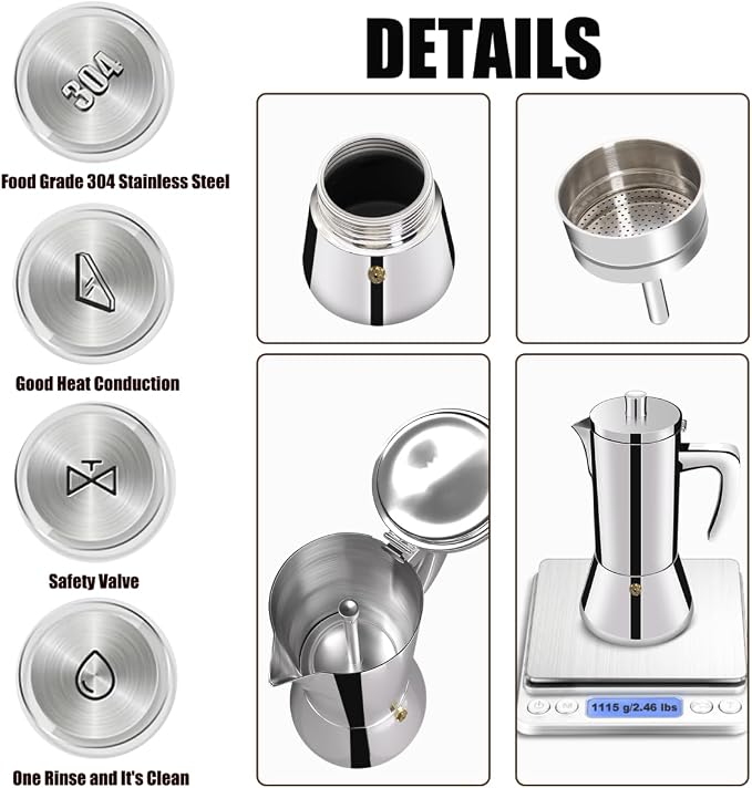 12 Cup Thickened 304 Stainless Steel Moka Pot Stovetop Espresso Maker Cafeteras Italian Percolator Espress Makers Capable Greca Mocha Coffee Machine for Induction Home and Camping 600ml 20oz