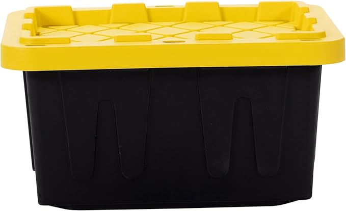 Plastic 5-Gallon Storage Tote with Lockable Lid, Stackable Tough Regular-Duty Bin for Garage, Tools, and Home Organization (4-Pack) - Black and Yellow