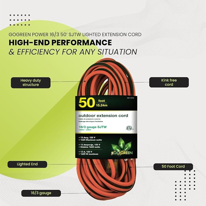 Power By GoGreen Go Green Power Inc. 16/3 50-Foot Outdoor Extension Cord - Heavy-Duty, Weatherproof, GG-13750