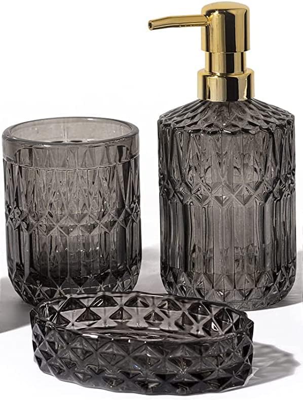 EMPO Bathroom Glass Accessories Set (Lotion Soap Dispenser, Soap Dish, Toothbrush Holder, Tumbler, Cotton Swab Jar) Contemporary Modern Decor Crystal Clear Vintage Gift (3pcs Gray)