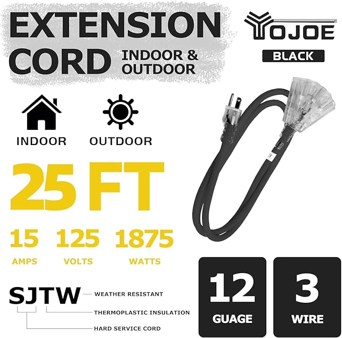 YOJOE 3-Outlets Indoor Outdoor Extension Cord with Lighted End, 3 Prong 15A Weatherproof Power Cord, 12 Gauge Heavy Duty 25 ft Black Extension Cord Multiple Outlets, 12/3 SJTW UL Listed