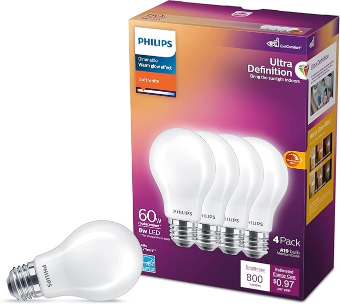 PHILIPS LED 60W A19 4-Pack Ultra Definition Soft White LED Light Bulbs (2700K) 800 Lumen (8W = 60W) Dimmable Clear Flicker-Free Light Bulbs
