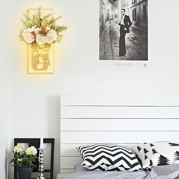 Rustic Wall Sconces Mason Jar Sconces Handmade Wall Art Hanging Design with Remote Control LED Fairy Lights and White Peony, Christmas Decor Gifts Farmhouse Home Decor Living Room Lights Set of Two