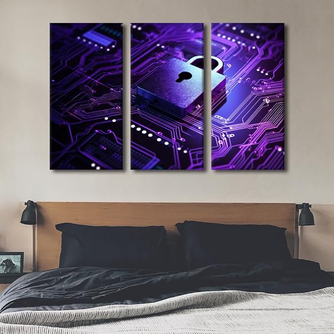 3 Panel Canvas Wall Art Padlock on Circuit Board Background Neon Purple Created Pictures Print On Canvas for Home Decoration, Stretched Framed Gallery-Wrapped Ready to Hang, 60" Wx40 H