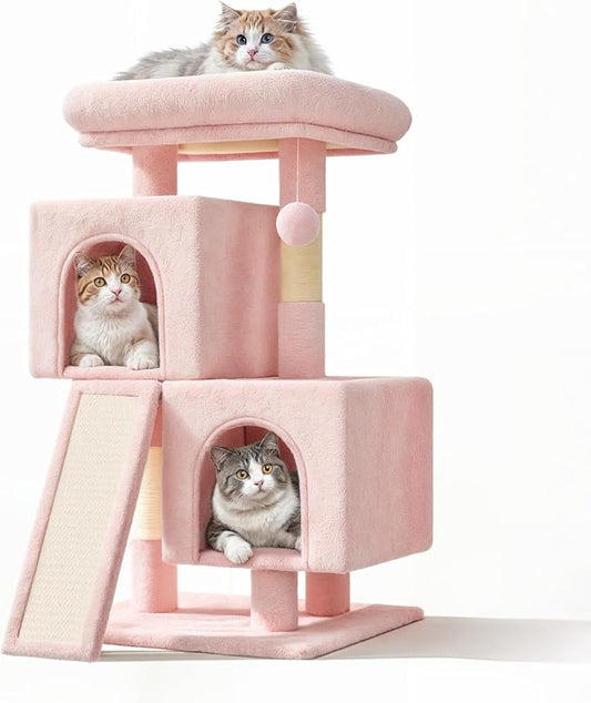 34'' Small Cat Tree with 2 Condos, Sisal Scratching Posts & Board, Multi-Level Climbing Tower for Indoor Cats, Sturdy Light Grey Cat Activity Center - Soft Pink