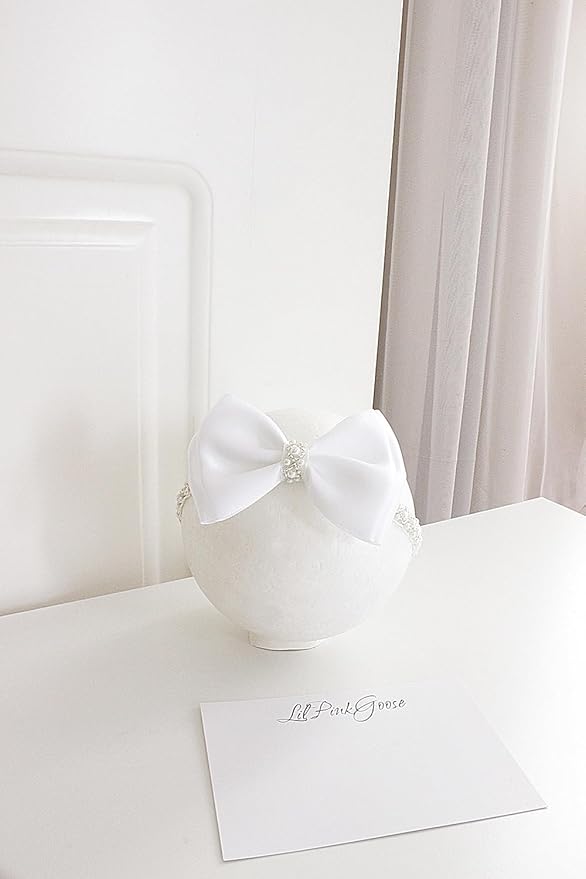 0-12 Newborn Baby Baptism Pearl Headband or Clip with Bow in WHITE Christening Headband with Satin Bow, Pearl Rhinestone Band (Pink(3-6Months), 1 Count (Pack of 1))