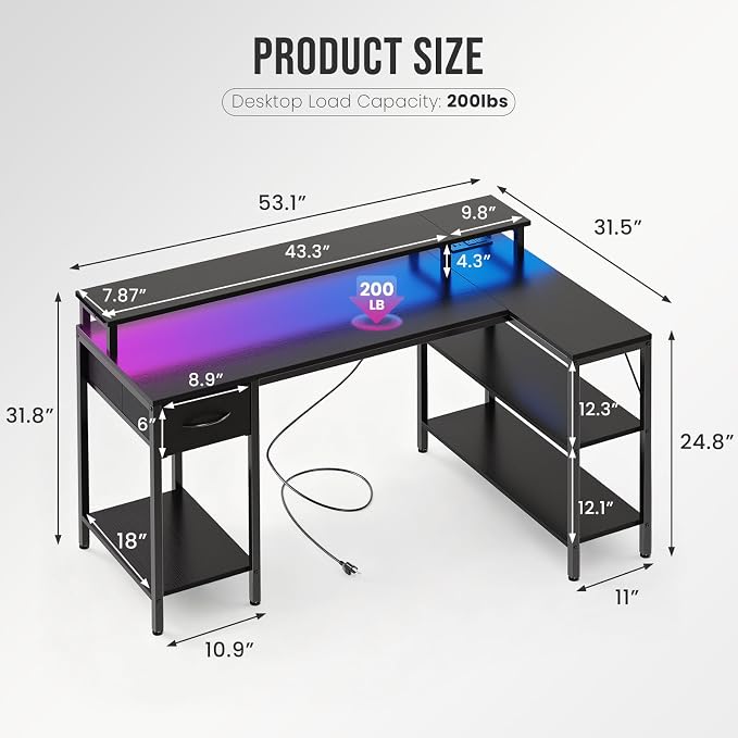 DUMOS 53 Inch Gaming Desk, L Shaped Desk, LED Lights | Monitor Stand, Storage Shelves, Computer Table, USB Charging Ports, Power Outlets, Small Spaces, Black