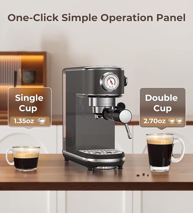 atatix 20 Bar Espresso Machine with Milk Frother, Compact Espresso Maker | Stainless Steel Coffee Machine with Precise Temp Control, 44oz Removable Water Tank for Latte, Cappuccino, Dark Grey