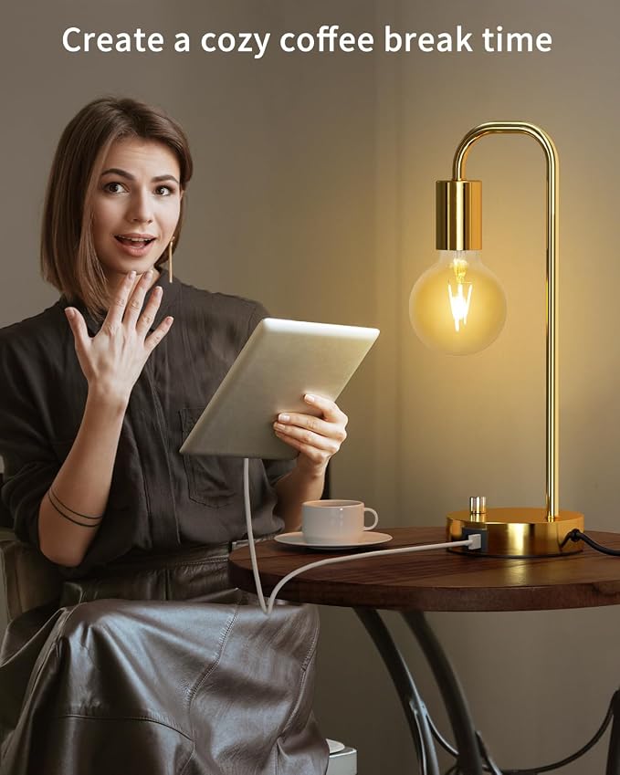 ONEWISH Industrial Table Lamp Set of 2 with USB A&C Charging Port, Stepless Dimmable Nightstand Bedside Lamps for Bedroom,Desk Lamps with 2700K Gold Gradient Bulb for Reading Living Room