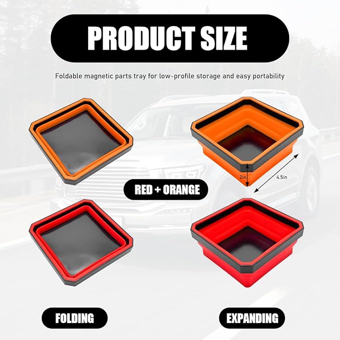2PCS Collapsible Magnetic Parts Tray, 4.5" Square Silicone Tool Tray with Double-Sided Magnetic Base, Foldable Bowls Small Metal Parts Holder for Screws Bolts Nuts Washers (Orange+Red)