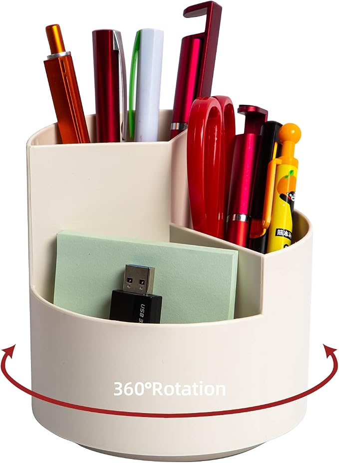 Desk Pencil Pen Holder, 3 Slots 360-Degree Spinning Organizers, Desktop Storage Stationery Supplies, Cute Cup Pot for Office, School, Art Supply, Kids - White