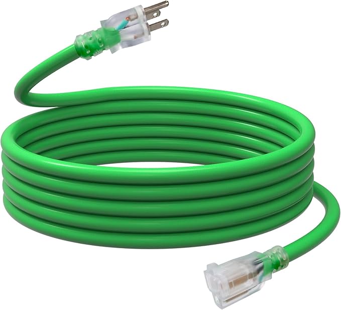 EP 15 Ft Outdoor Extension Cord, 12/3 SJTW Heavy Duty Waterproof Power Cable, 3 Prong Grounded Plug, Lighted End, for Lawn, Garden, Appliances, Green