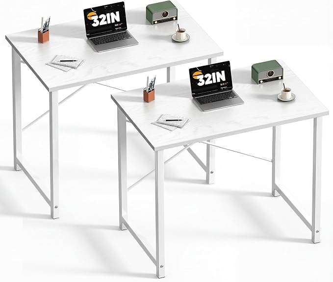Sweetcrispy 32-Inch Small Computer Desk for Bedroom, White, 2 Pack | Gaming Writing Work and Study Desk for Home Office, Sturdy Metal Frame and Compact Modern Design with X-Shaped.