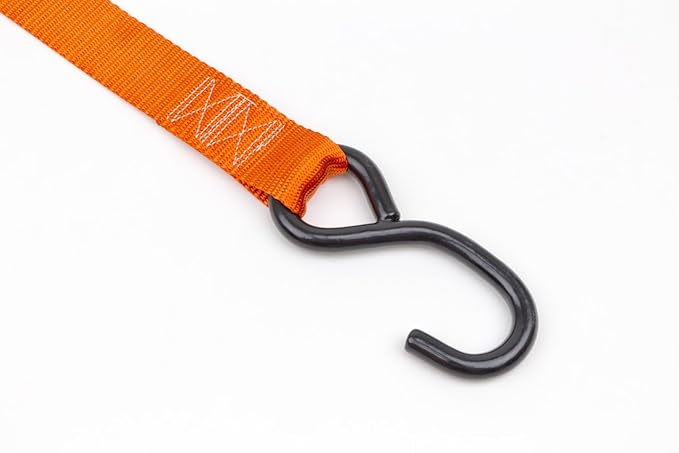 PowerTye 1.5in x 7ft Ergonomic Locking Ratchet Straps with Heavy-Duty S-Hooks - Made in USA - 1,000 lb. Working Load Limit / 3,000 lb. Breaking Strength - Orange (Pair)