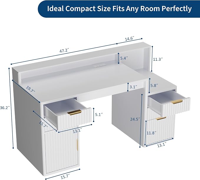 Garvee Rectangular Computer Desk with Hutch & Printer Stand, Ripple Door Storage Home Office Desk, Space-Saving Study Writing Desk for Bedroom, Sturdy Board Student Desk with Easy Assembly, White