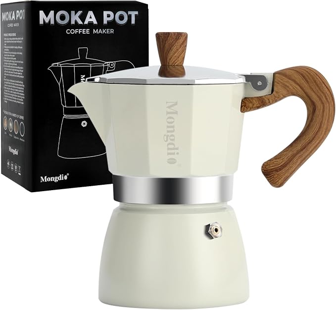 Mongdio Stovetop Espresso Maker Moka Pot, Cuban Coffee Maker Stove top coffee maker Moka Italian Espresso Greca Coffee Maker Brewer Percolator, 3 Espresso Cups, 5 oz - White